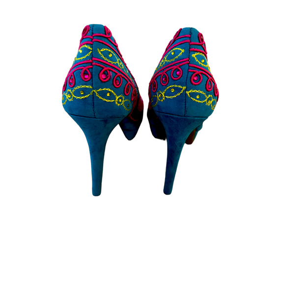 Gianni Bini Turquoise Multi Color Embroidered Embellished Peep Toe Pumps SZ 6.5 - Picture 4 of 5